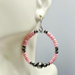 Elegant Pink and Silver Beaded Hoop Earrings